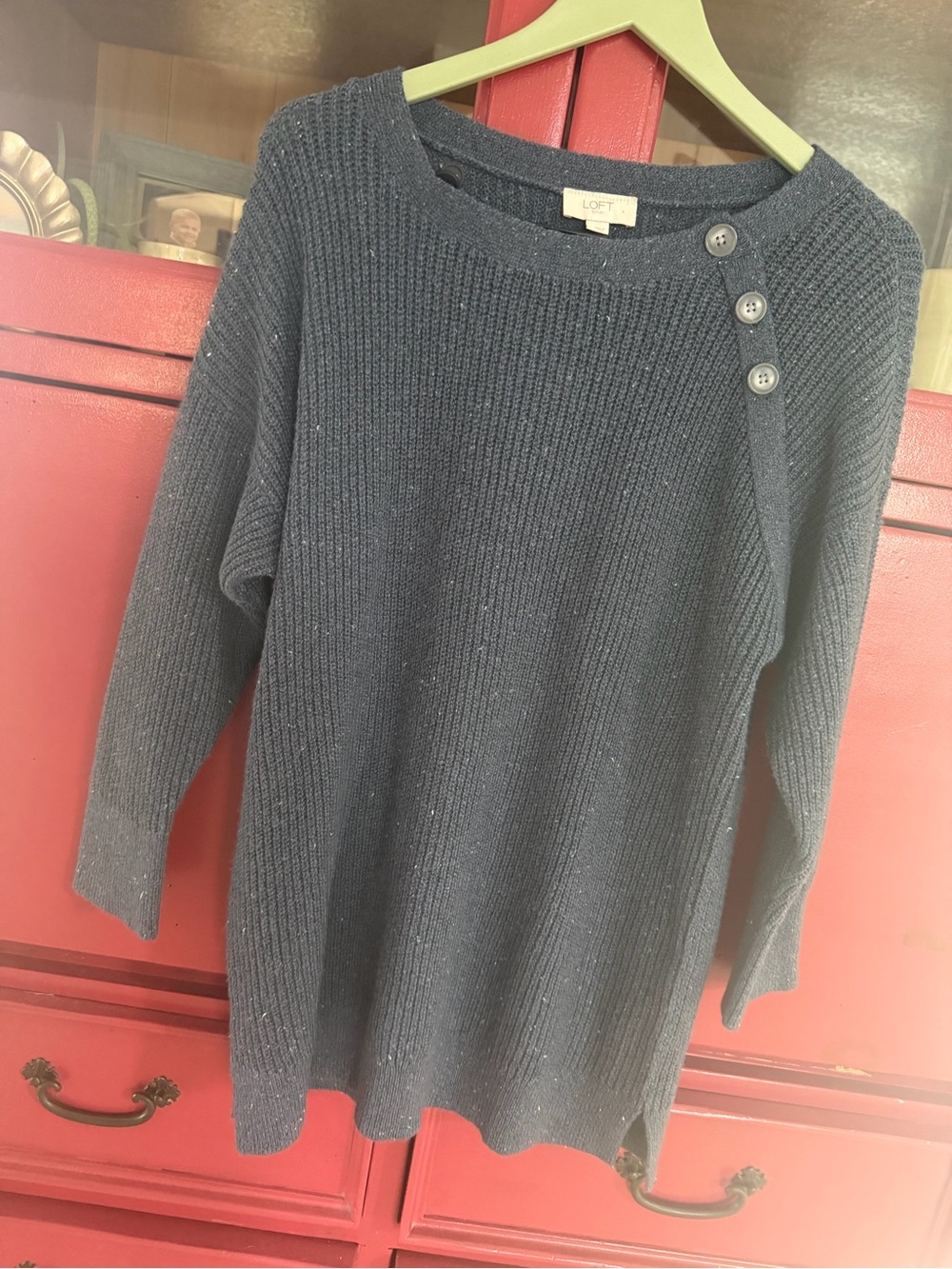 LOFT Navy Ribbed Crewneck Sweater with Shoulder Buttons